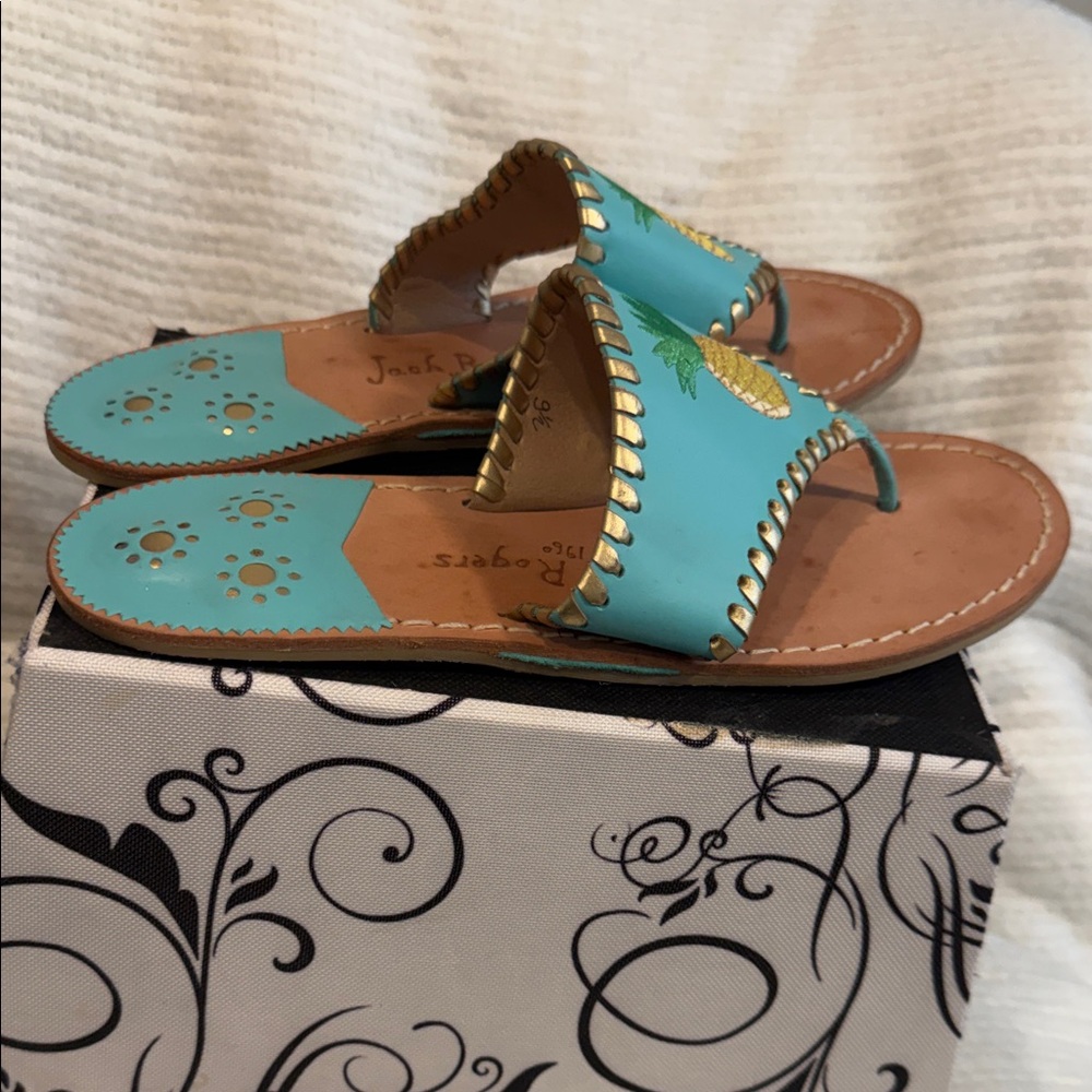 RARE Jack Rogers Pineapple Caribbean Blue w/ Gold Thong Leather Sandals Size 9 - Picture 5 of 8